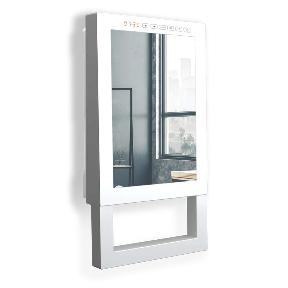 Lato sinistro di termoventilatore digitale da bagno quadrato bianco con specchio e barra porta salviette